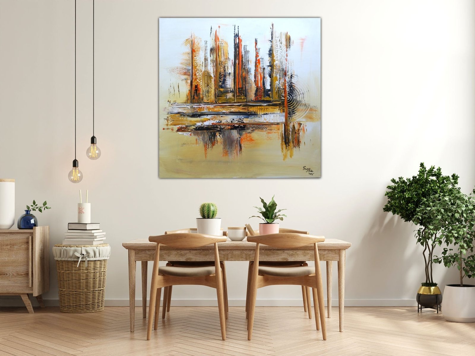 Medina -Abstraktes Wohnzimmerbild Skylinebild handgemalt beige orange
