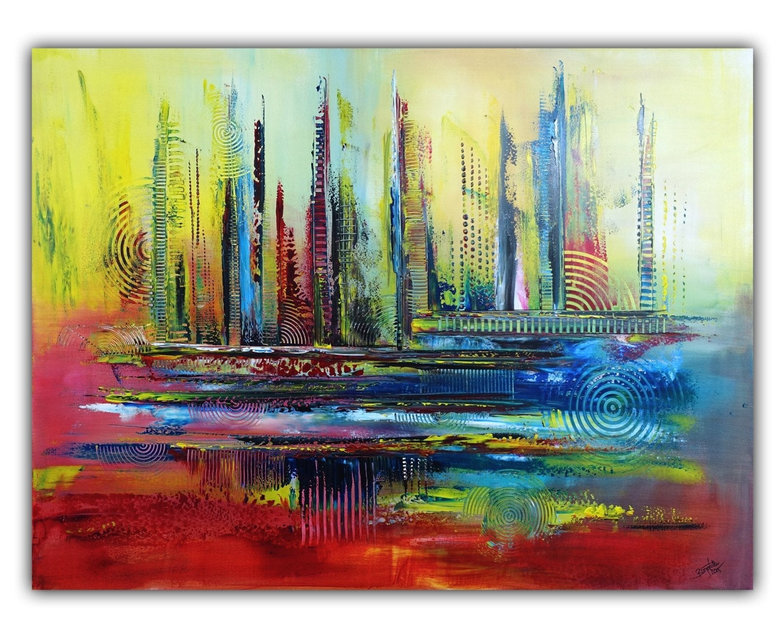 Memphis - expressionistisches Gemälde blau rot gelb