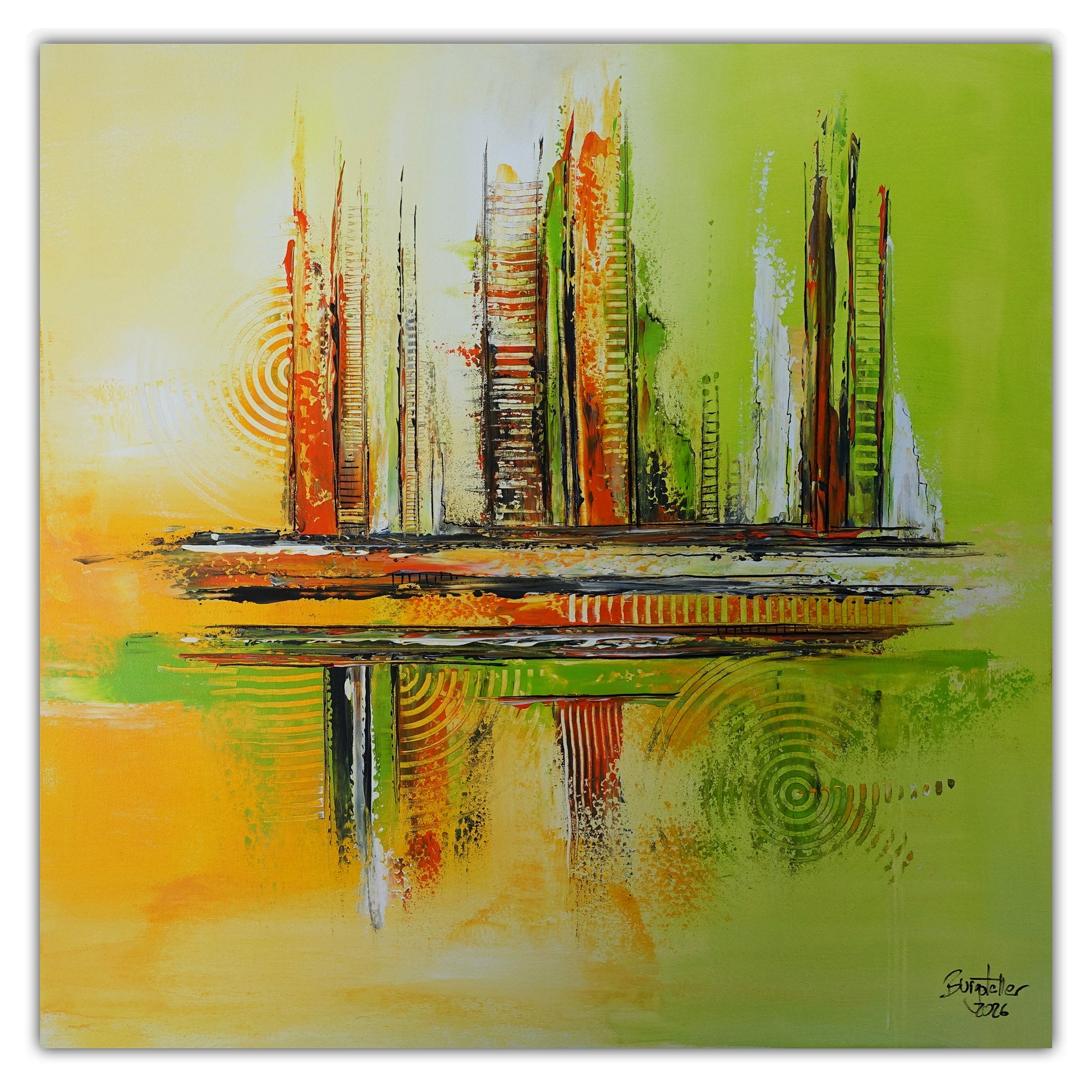 Abstraktes Acrylbild grün gelb, Original Gemälde moderne Kunst 80x80