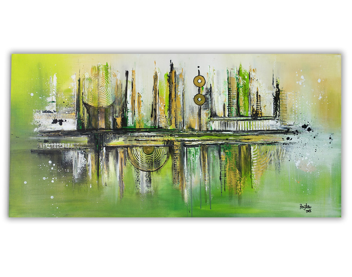 Abstraktes Gemälde Grün Gold, modernes Acrylbild Original 120x60