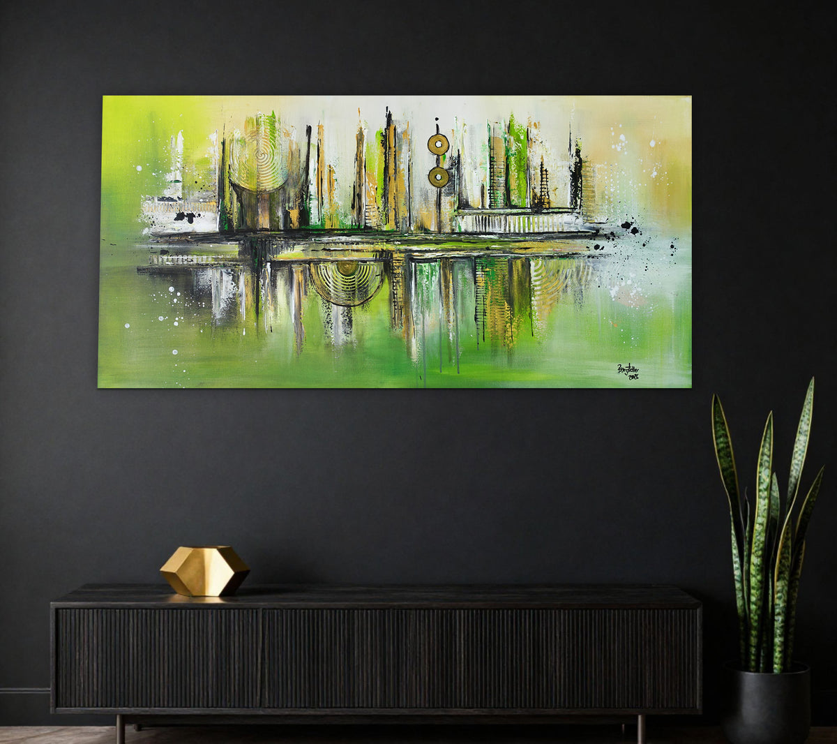 Abstraktes Gemälde Grün Gold, modernes Acrylbild Original