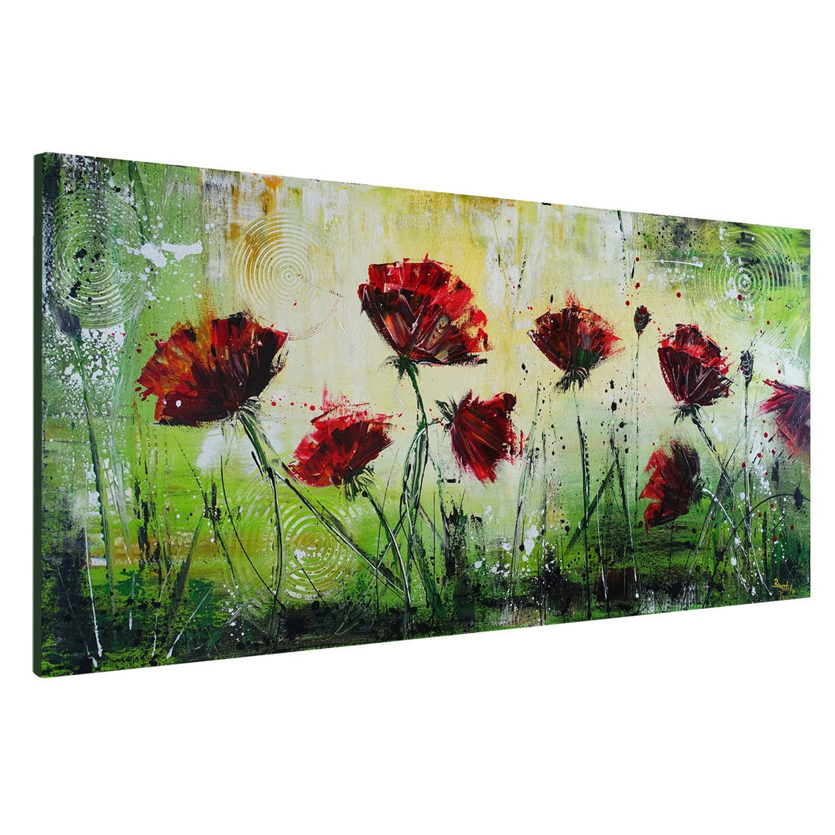 Abstraktes Mohnblumenbild Rot Grün, moderne Blumenmalerei Blumenwiese 120x60