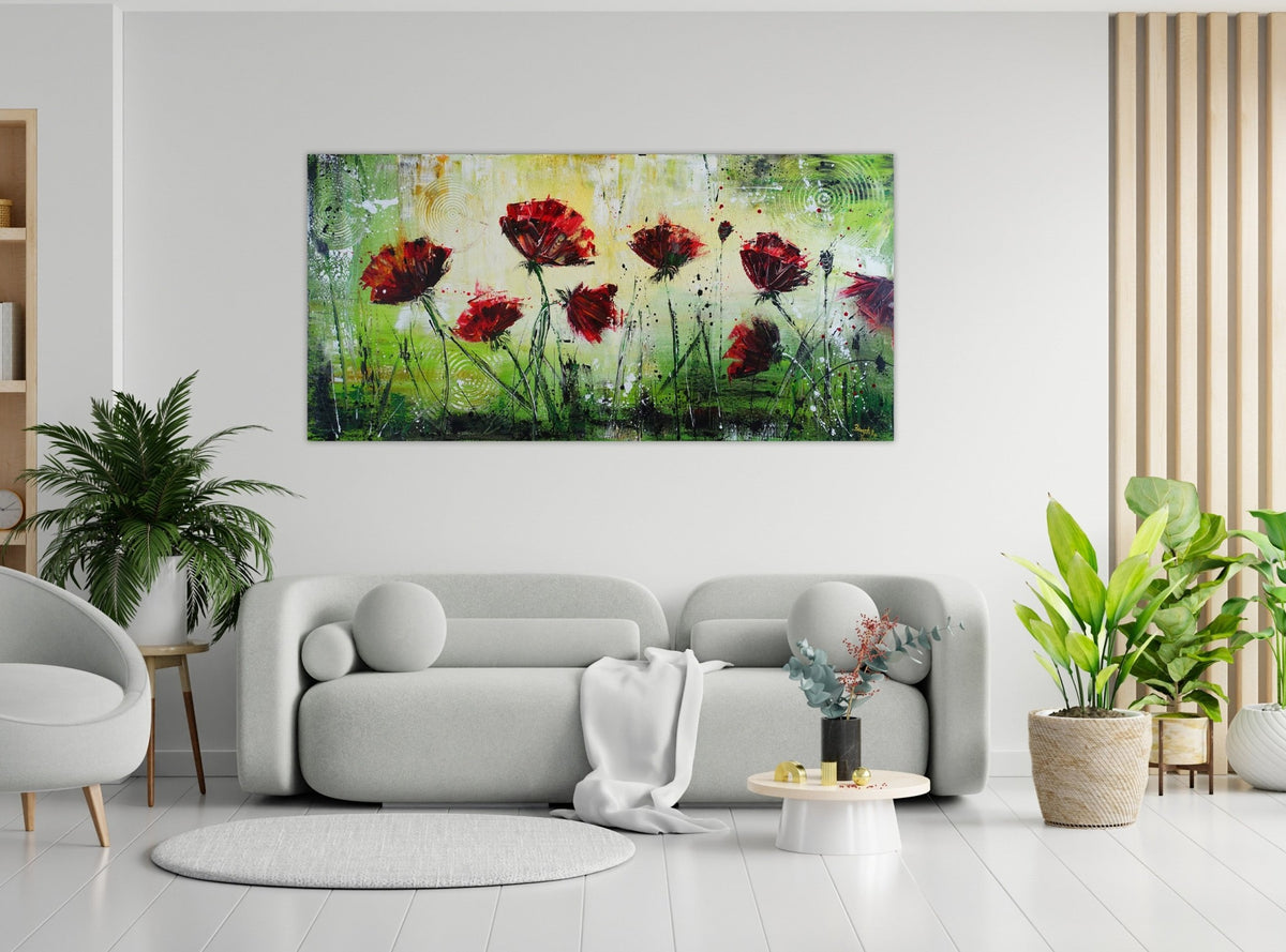 Abstraktes Mohnblumenbild Rot Grün, Acrylmalerei