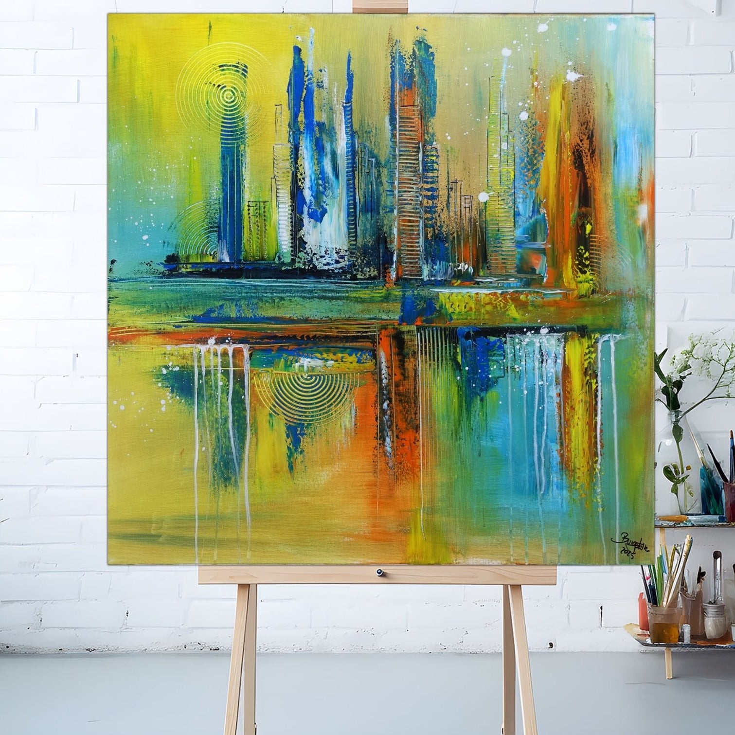 Morgentau - abstraktes Originalgemälde grün blau