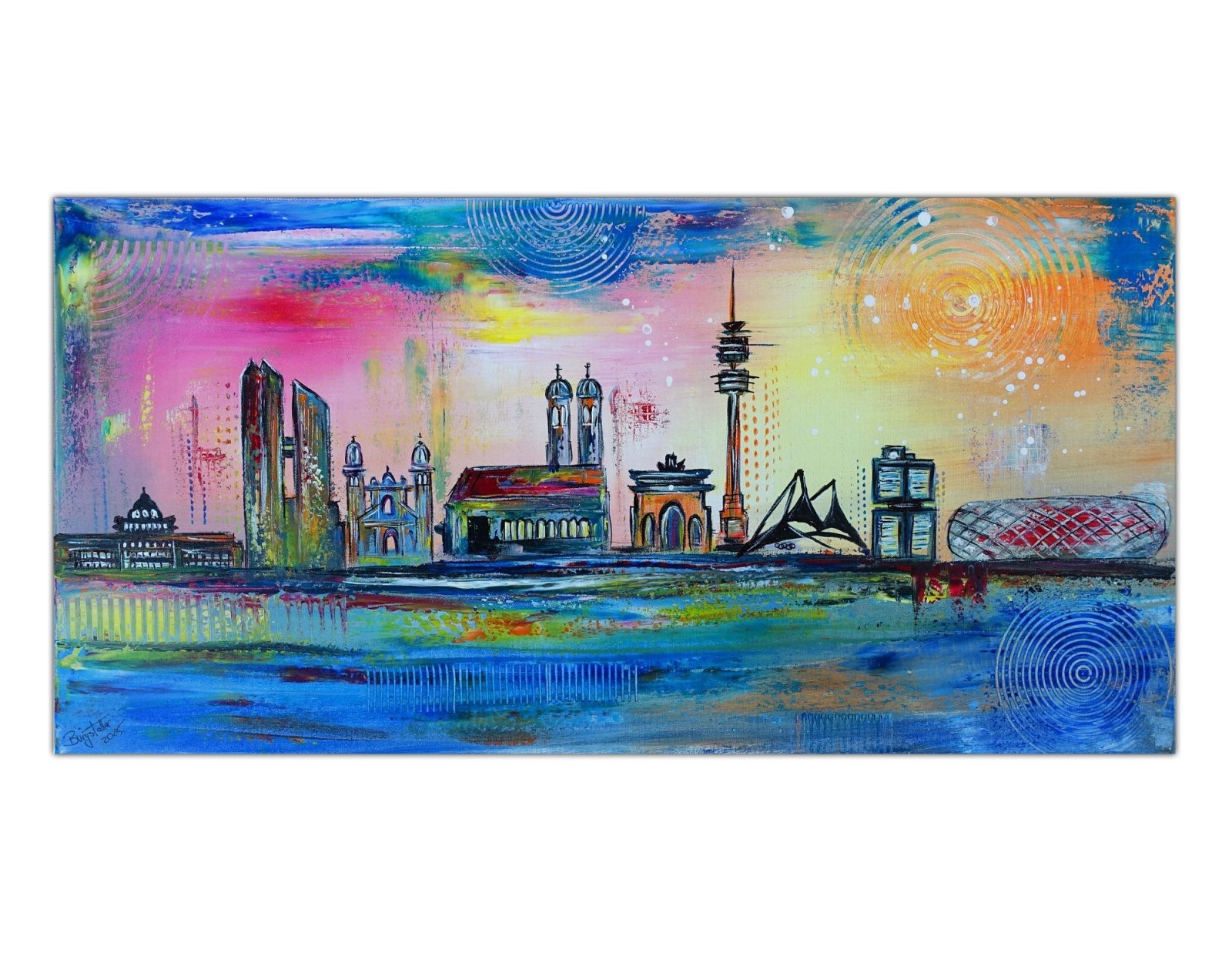 München Bild Gemälde mit Frauenkirche, Allianz Arena - Leinwandbild 100x50