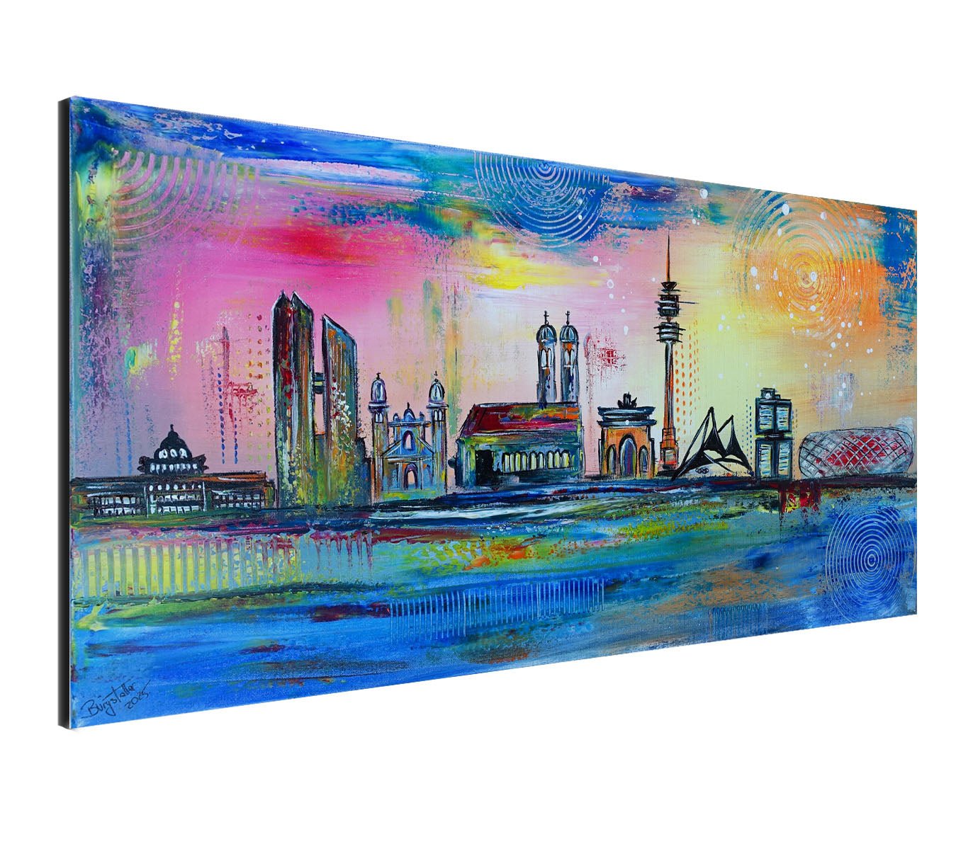 München Bild Gemälde mit Frauenkirche, Allianz Arena - Leinwandbild