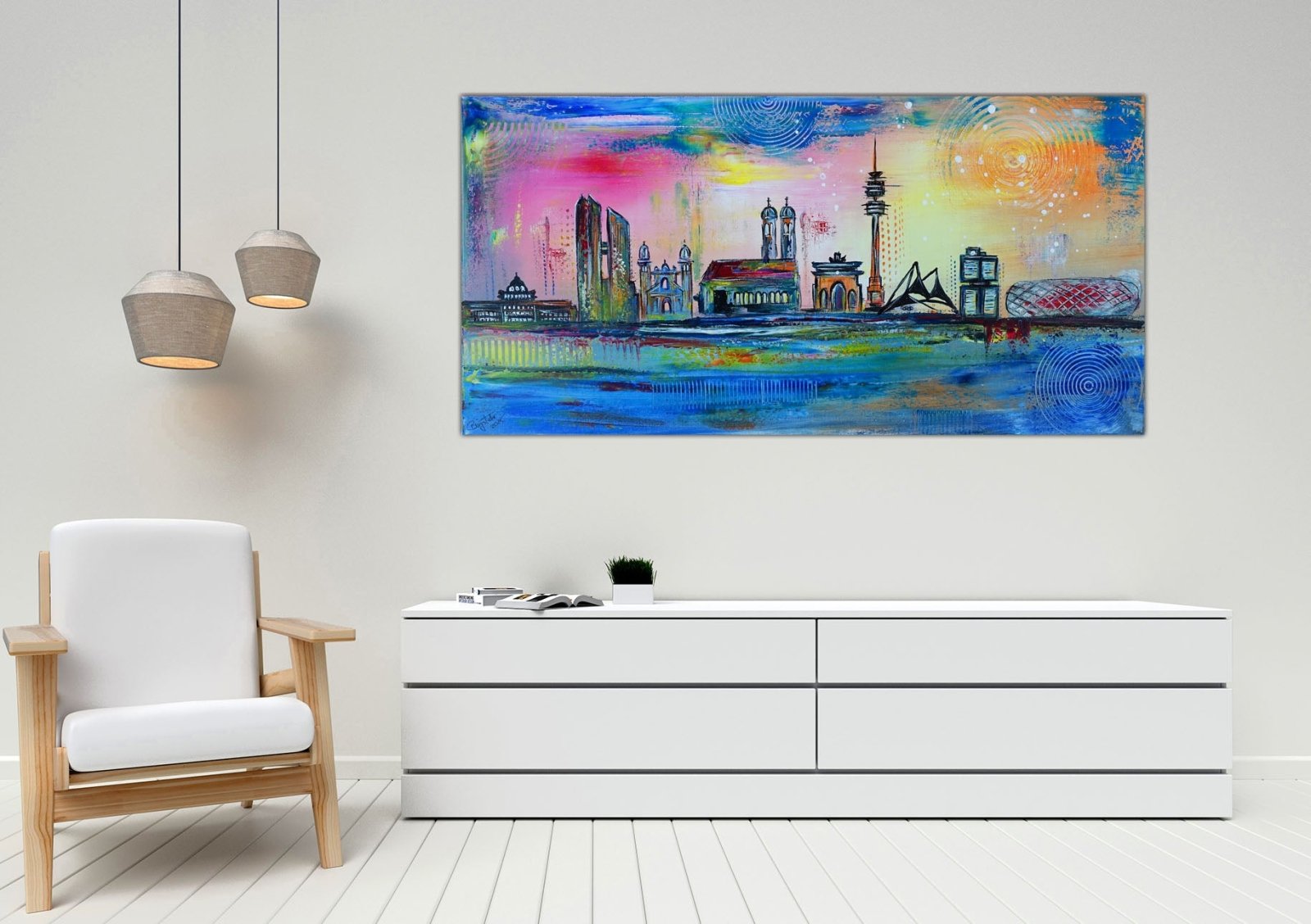 München Bild Gemälde mit Frauenkirche, Allianz Arena