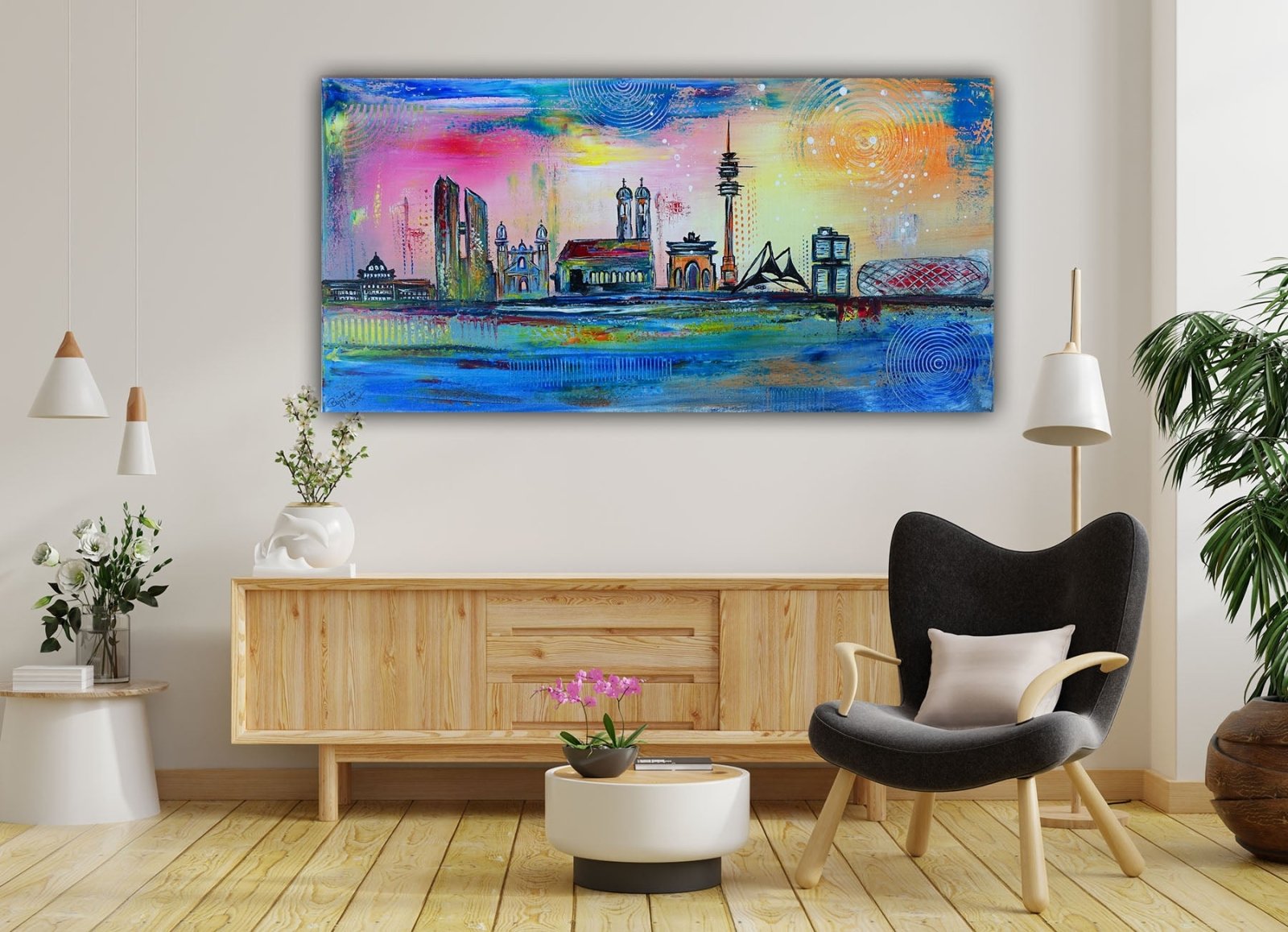 München Gemälde mit Frauenkirche, Allianz Arena - Leinwandbild 100x50