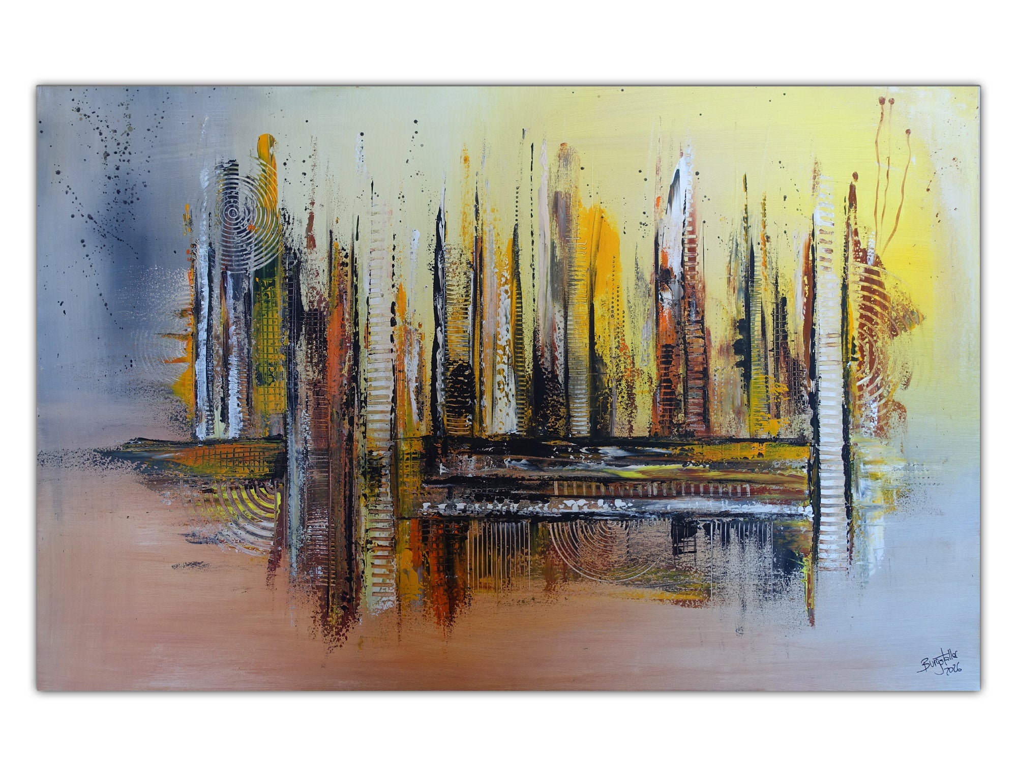 Niamey - abstraktes Gemälde grau gelb braun, Original Acrylbild