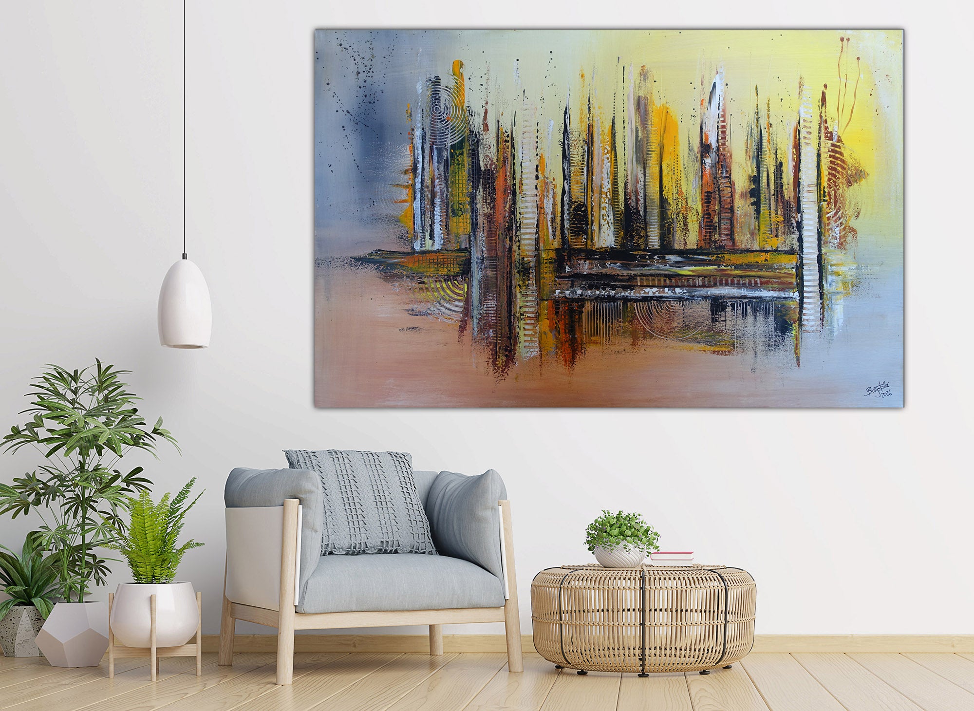 Abstraktes Gemälde grau gelb braun, Original Acrylbild Leinwand