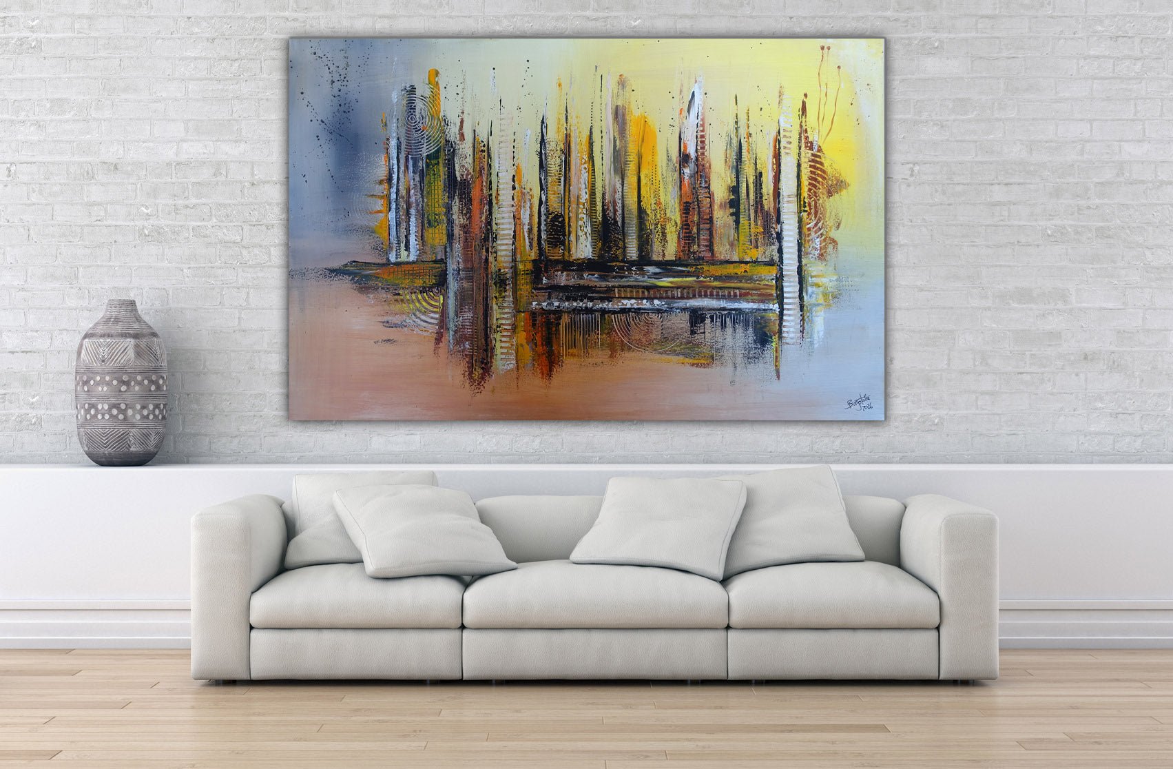 Abstraktes Gemälde grau gelb braun, Original Acrylbild Leinwand 120x80