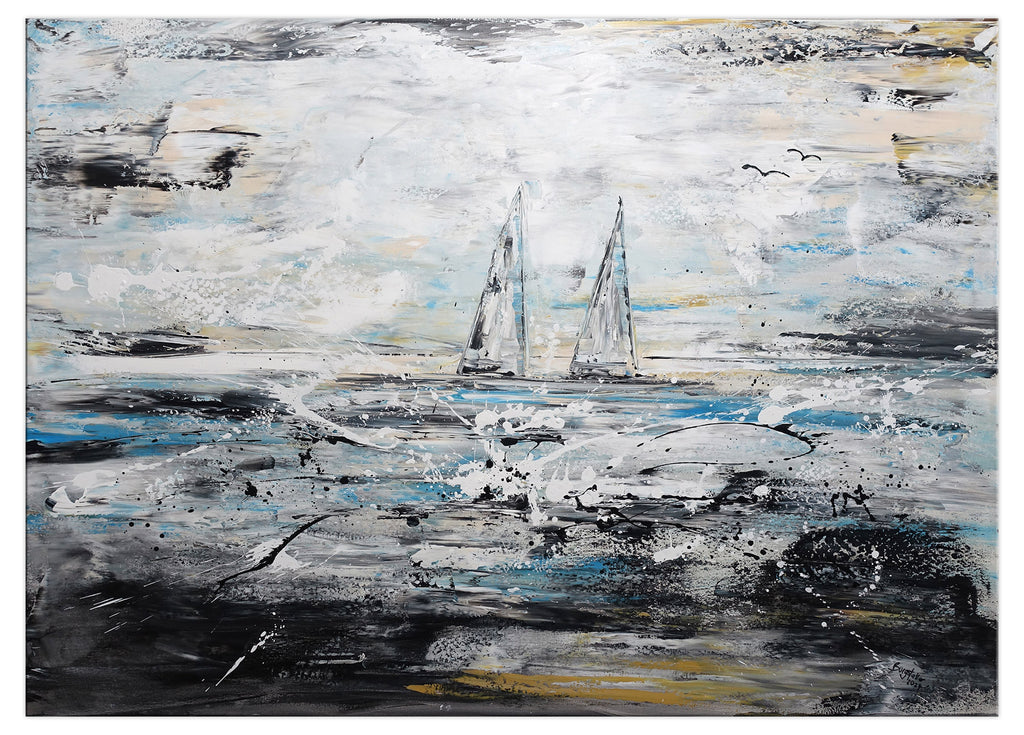 Segelboote abstrakt gemalt auf Leinwand grau weiß 145x90