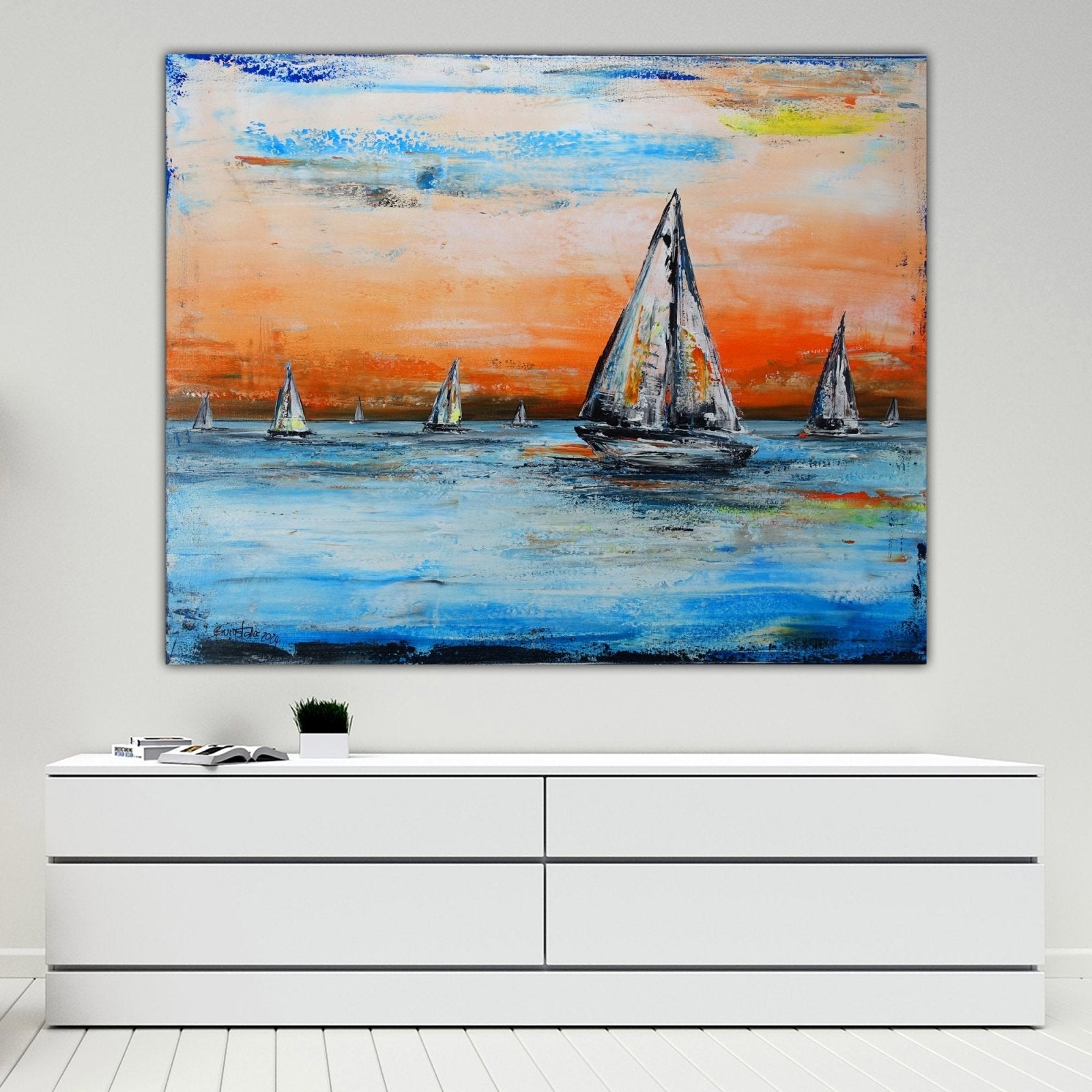 Segelboote abstrakte Malerei orange blaues Meerbild Gemälde