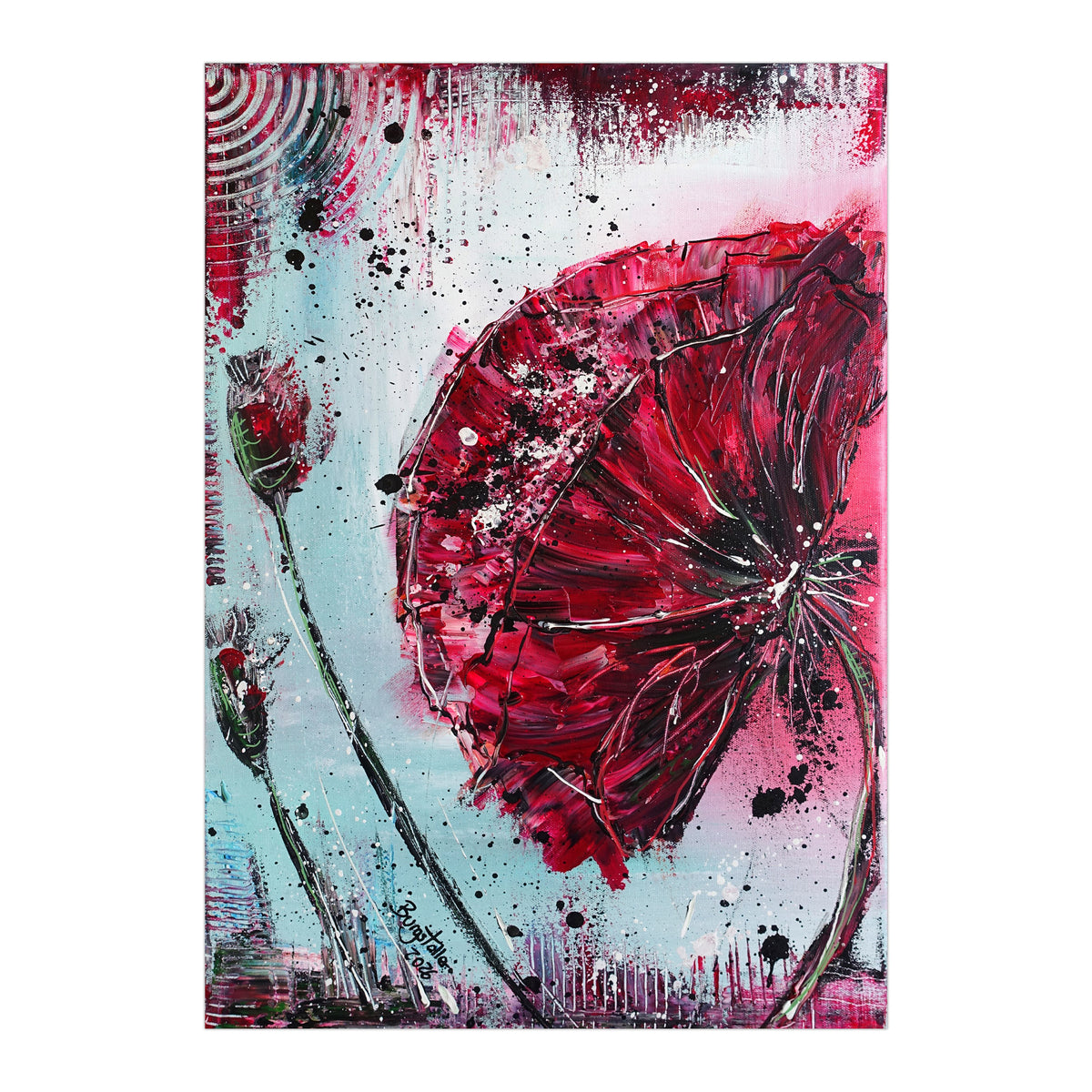 Abstrakte Acrylmalerei mit roter Mohnblüte, modernes Blumen Gemälde 40x60