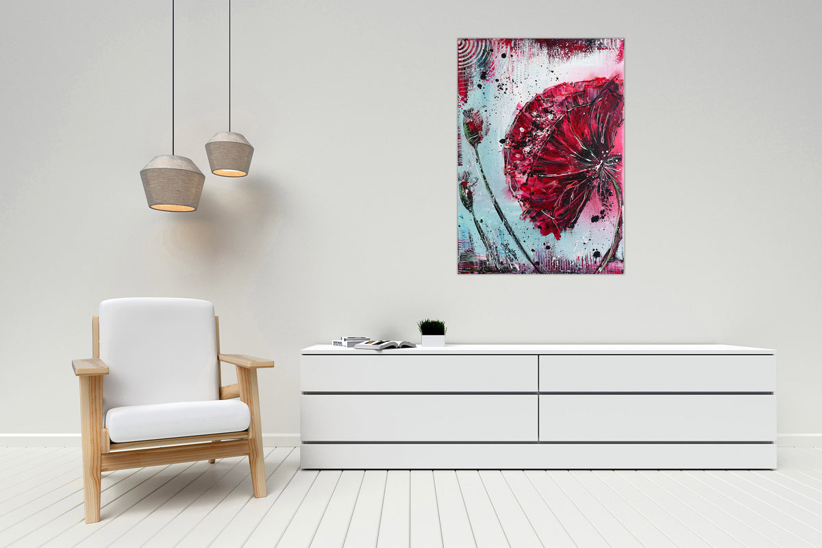 Abstrakte Acrylmalerei mit roter Mohnblüte, Blumen Gemälde 40x60