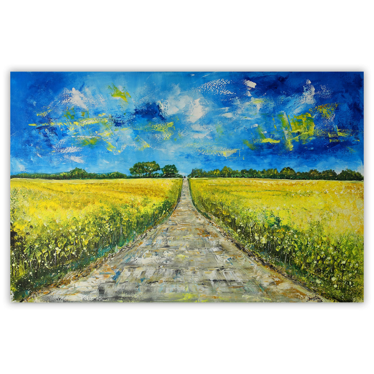 Rapsfeld – Sommerliches Landschaftsgemälde in Gelb und Blau, Acrylbild 150x100