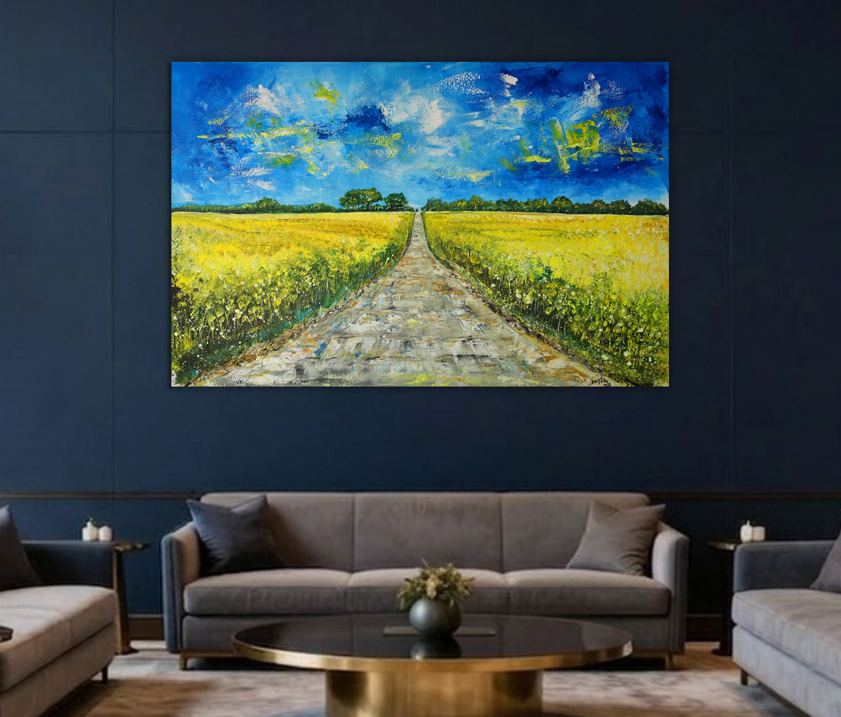 Rapsfeld – Sommerliches Landschaftsgemälde Gelb und Blau, Acrylbild 150x100