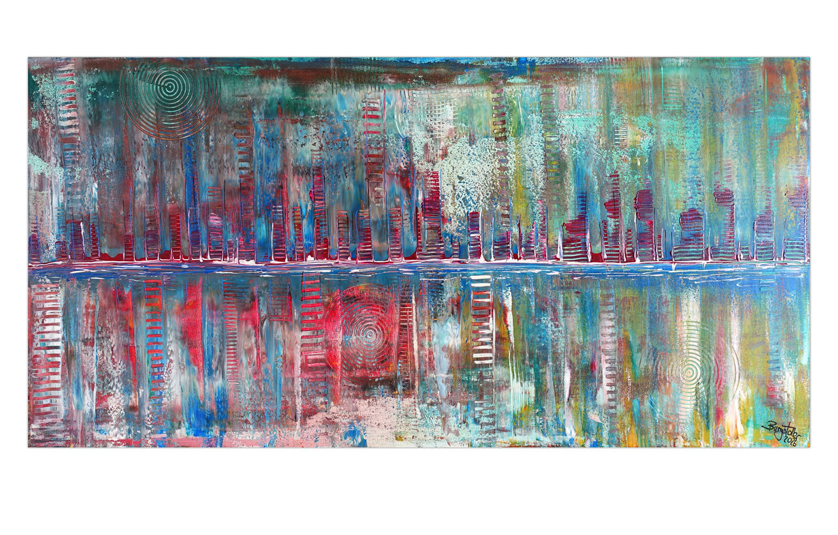 Abstrakte Stadtlandschaft, modernes Acrylgemälde in Blau Rot