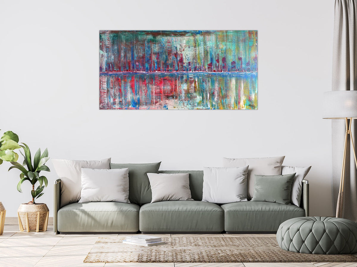 Abstrakte Stadtlandschaft, Acrylgemälde in Blau Türkis Rot 120x60