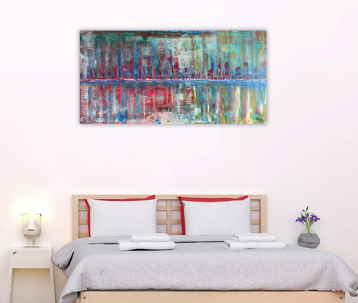 Abstrakte Stadtlandschaft, modernes Acrylgemälde in Blau Rot