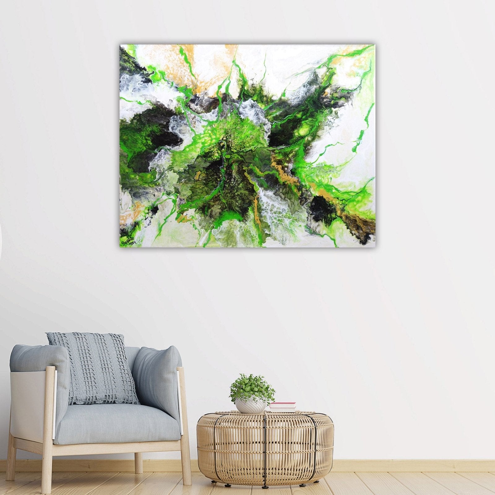 Abstraktes Acrylbild grün beige Leinwand