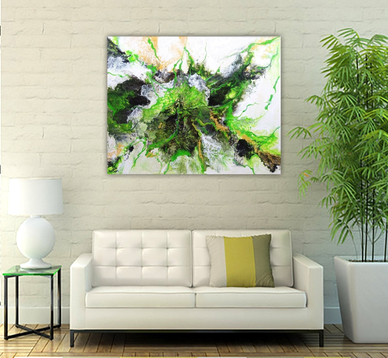 Abstraktes Bild handgemalt grün beige, Leinwand