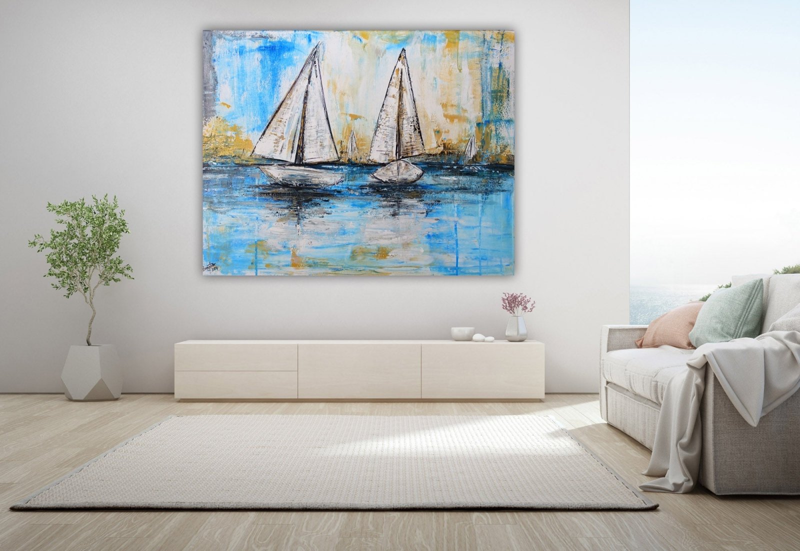 Abstrakte Segelboote Original Gemälde blau ocker