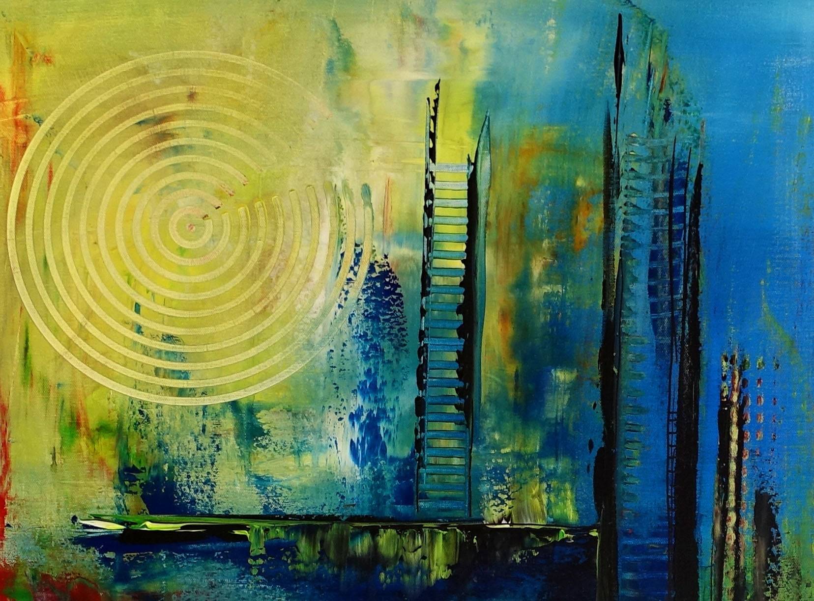 Schwerin abstrakt gemalt Wandbild gruen blau rot Acryl Detail1