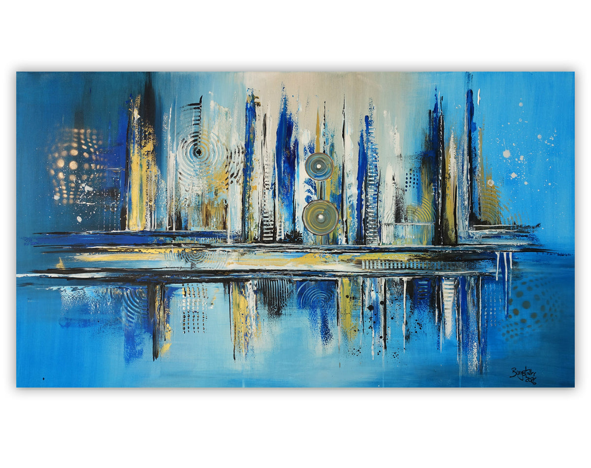 Abstraktes Originalgemälde blau gold Leinwandbild handgemalt 140x80