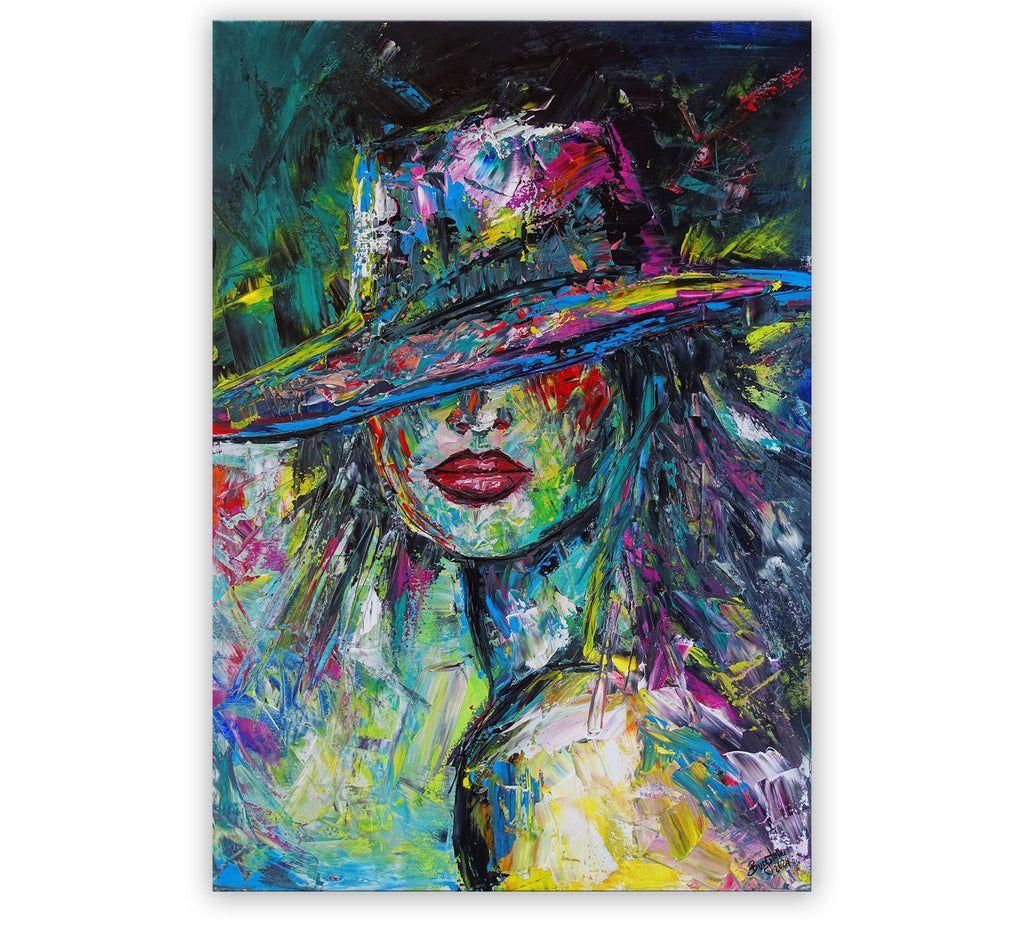 Gesicht mit Hut abstrakt gemalt Acryl Leinwand