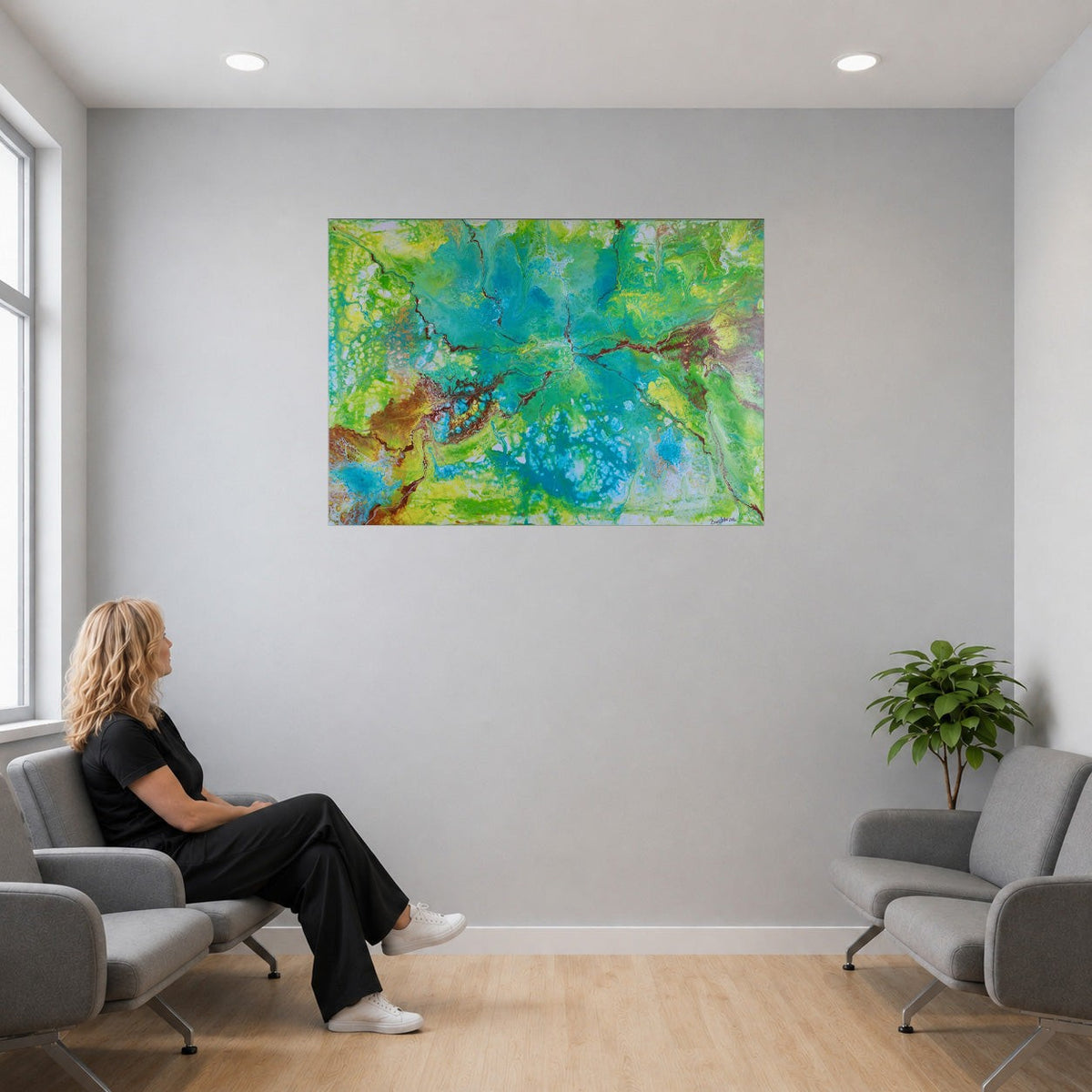 Abstrakte Kunst in Türkis, Grün und Gelb, Acrylmalerei Leinwand