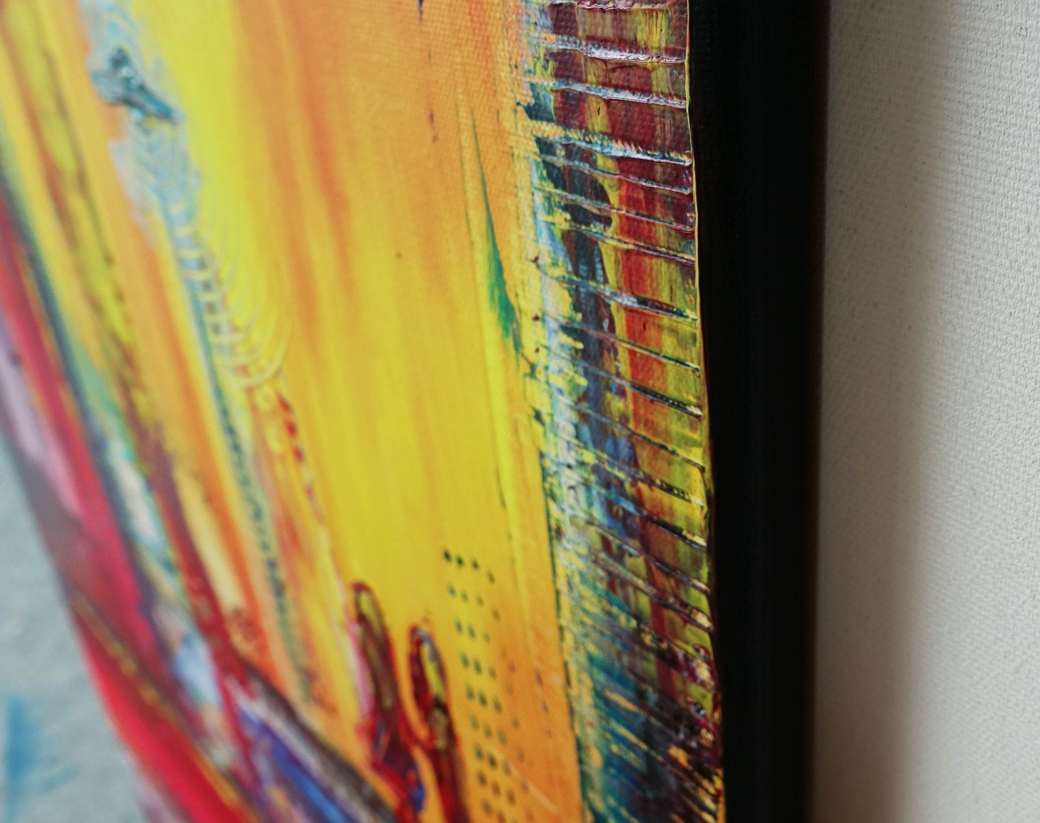 Treffpunkt abstrakte Malerei Leinwandbild rot blau gelb Figuren Acryl