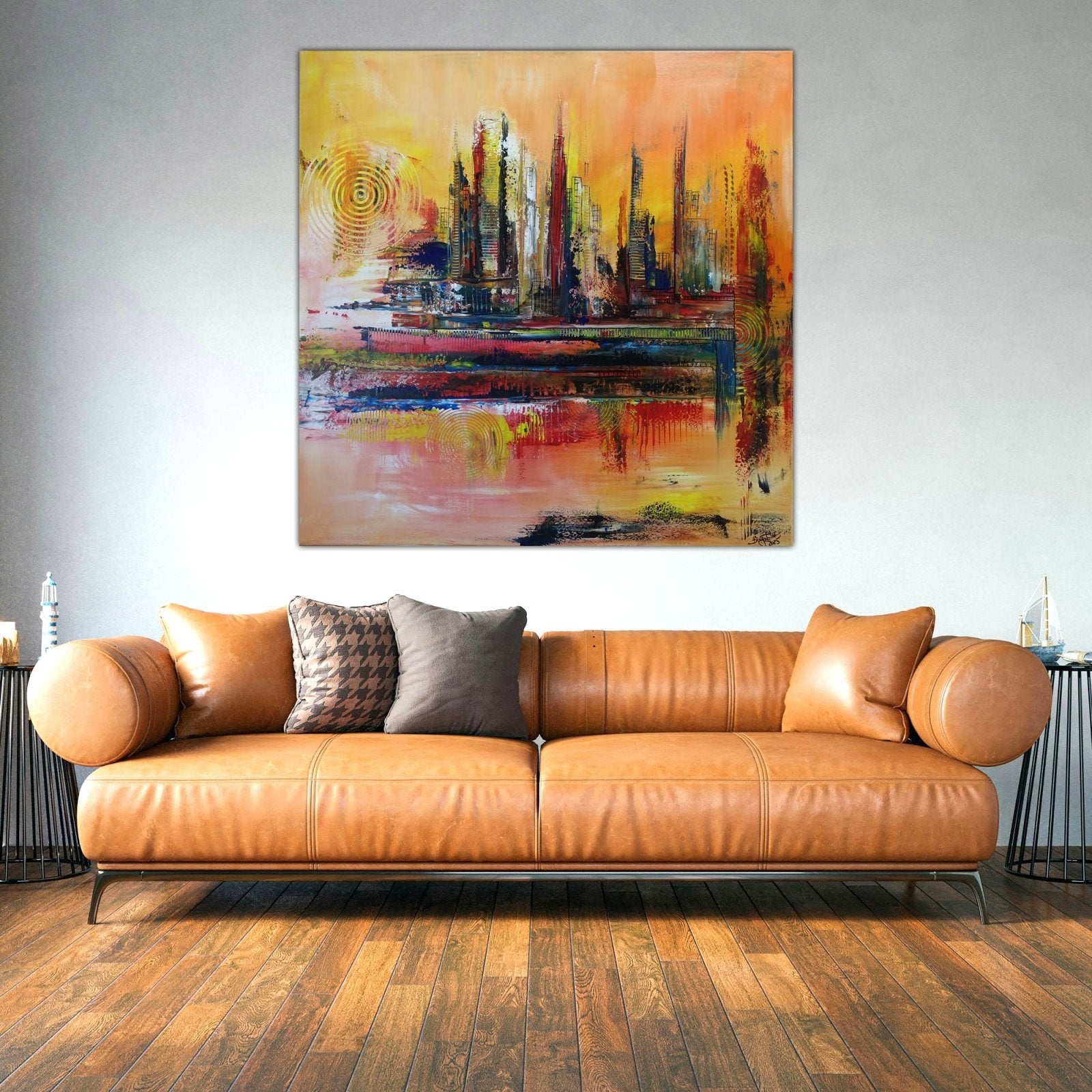 Urban City - abstraktes Skyline Gemälde braun rot Acrylbild