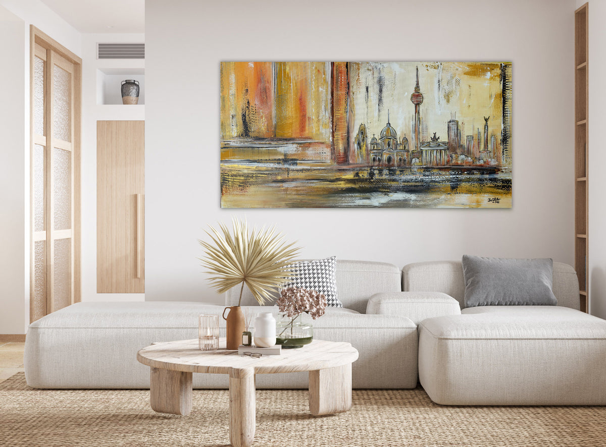 Berlin modernes abstraktes Stadtgemälde Gold Ocker Acrylbild Gemälde 120x60
