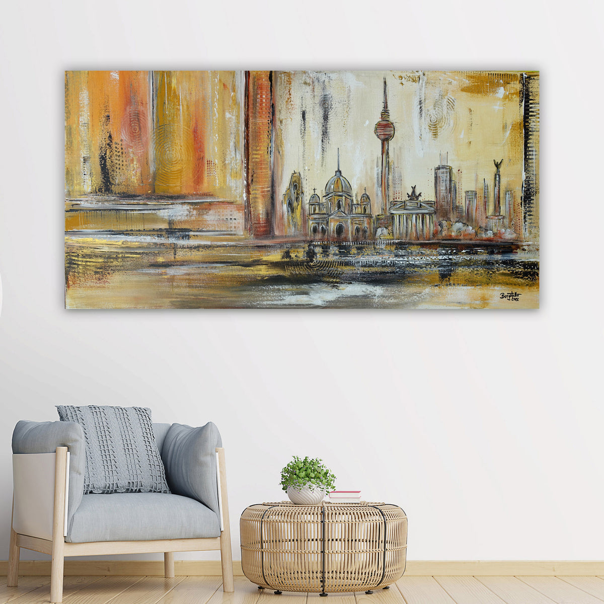 Berlin abstraktes Stadtgemälde Gold Ocker, Acrylbild 120×60 cm