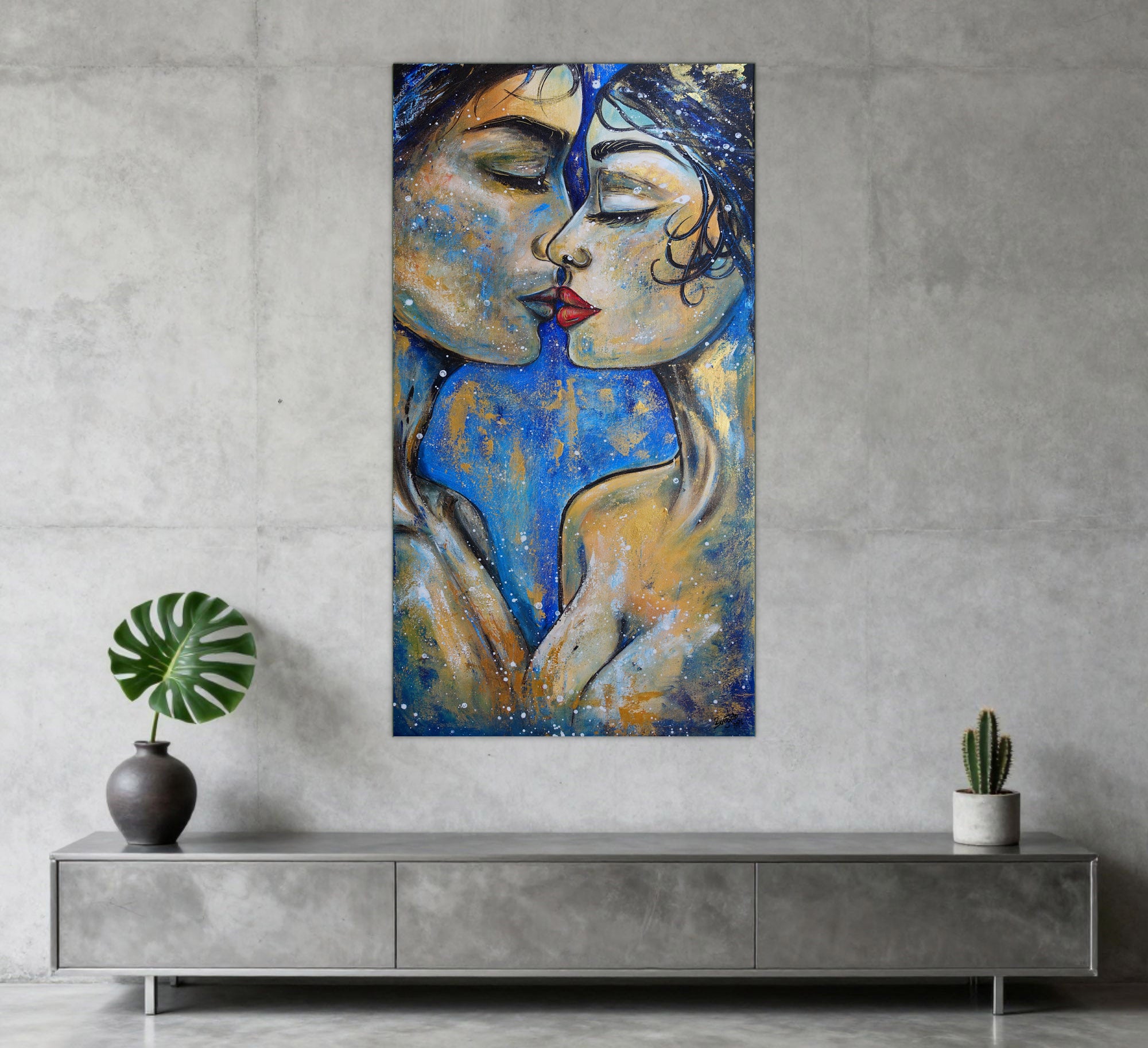 Liebespaar Gemälde blau gold abstrakt figurativ