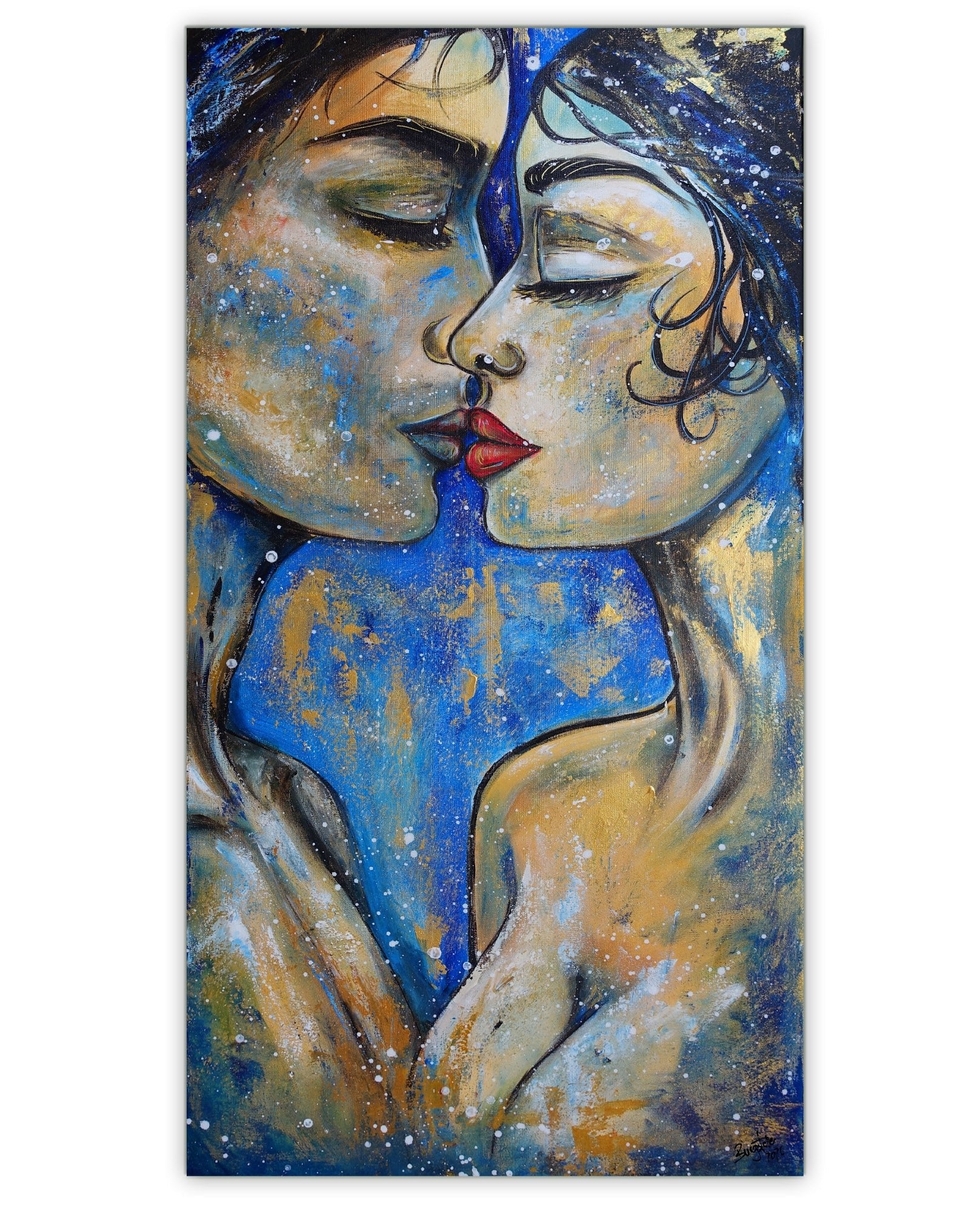 Liebespaar Gemälde blau gold abstrakt figurativ 60x120