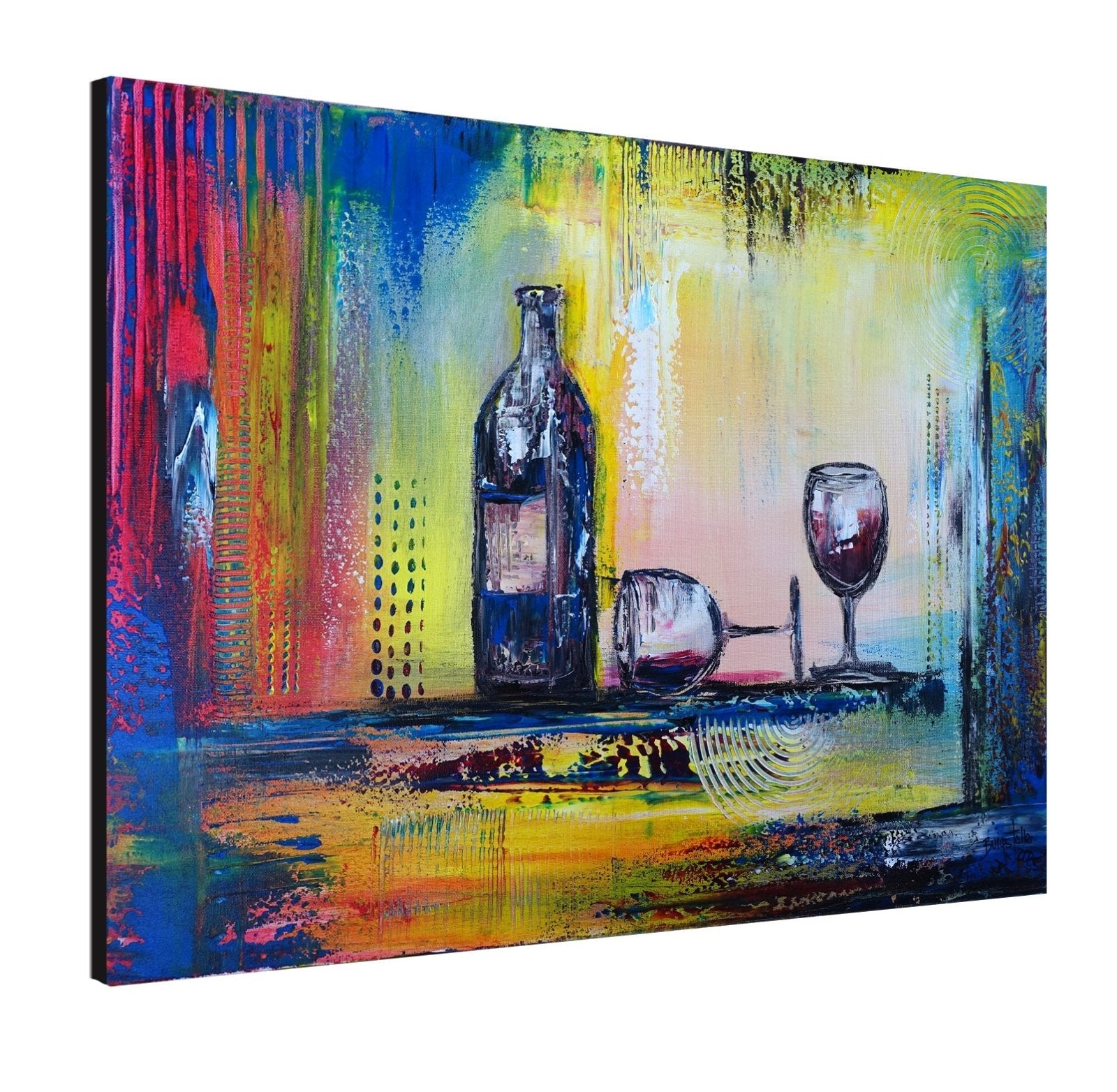 Weingläser Flasche modernes Stillleben Kunstbild Gemälde Leinwand