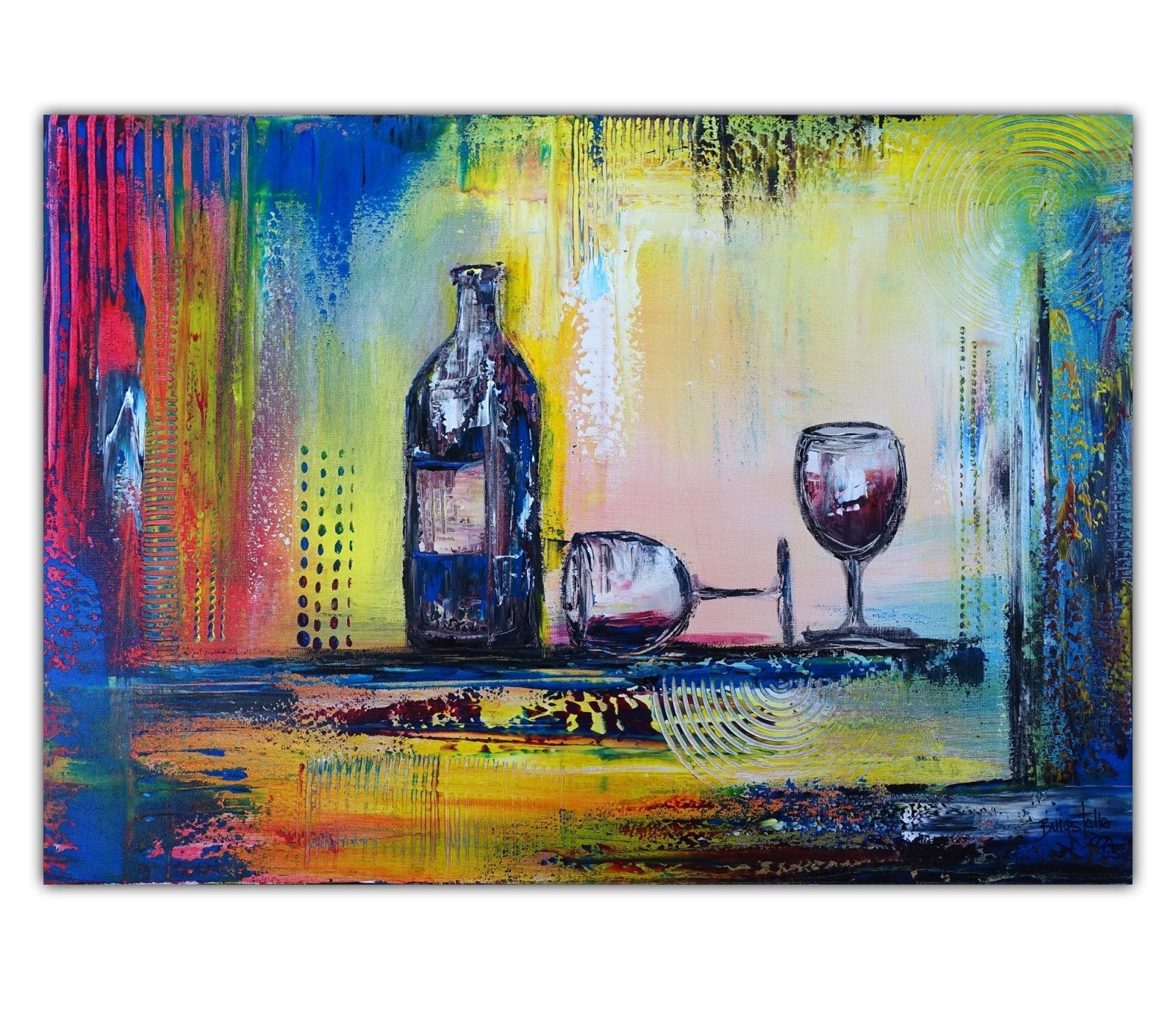 Weingläser Flasche modernes Stillleben Kunstbild Gemälde Leinwand 70x50