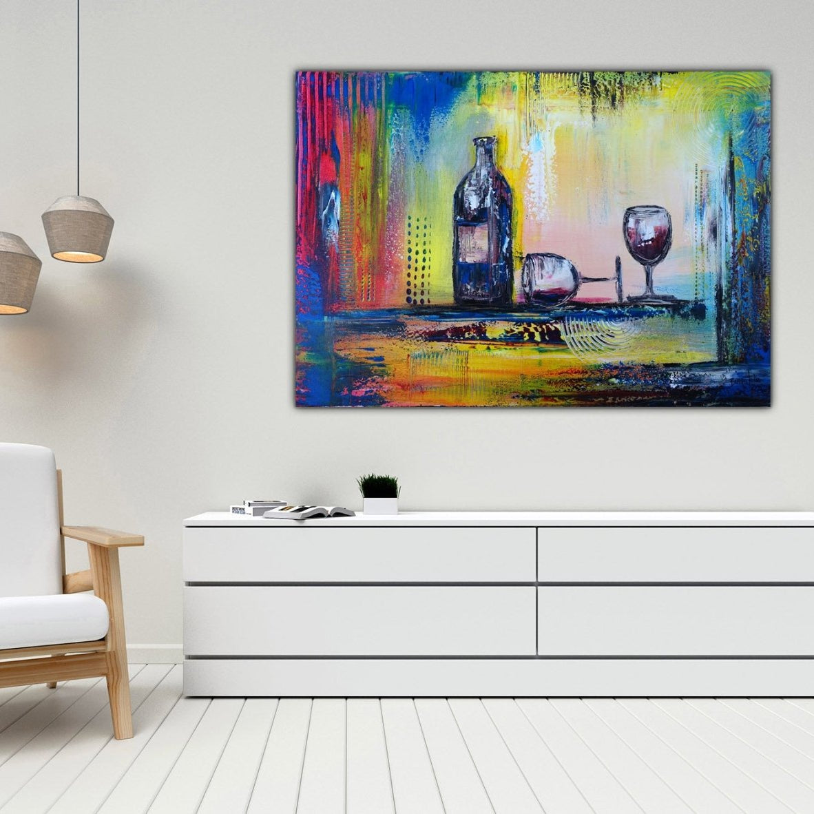 Weingläser Flasche modernes Stillleben Kunstbild Gemälde