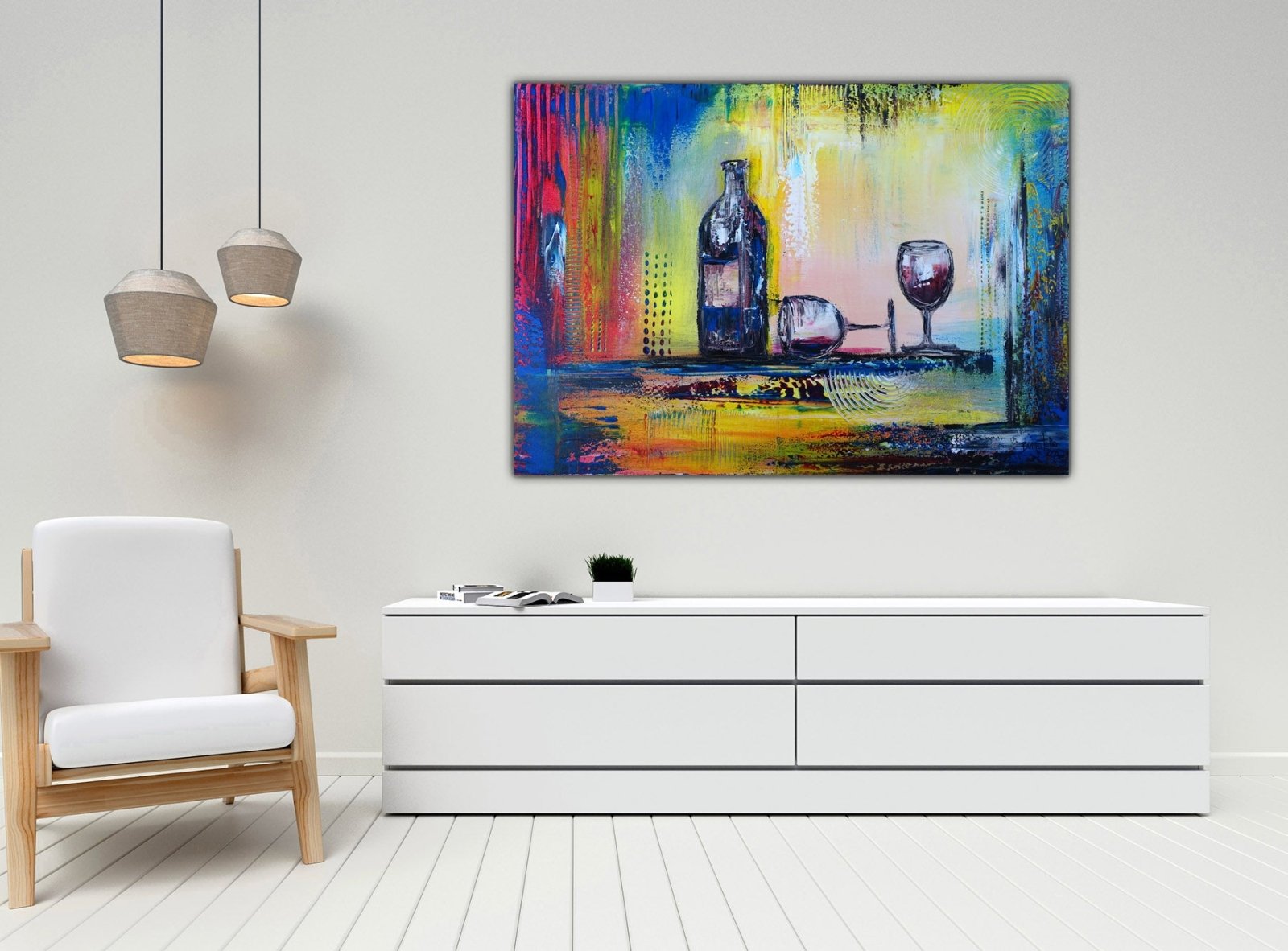 Weingläser Flasche modernes Stillleben Kunstbild Gemälde