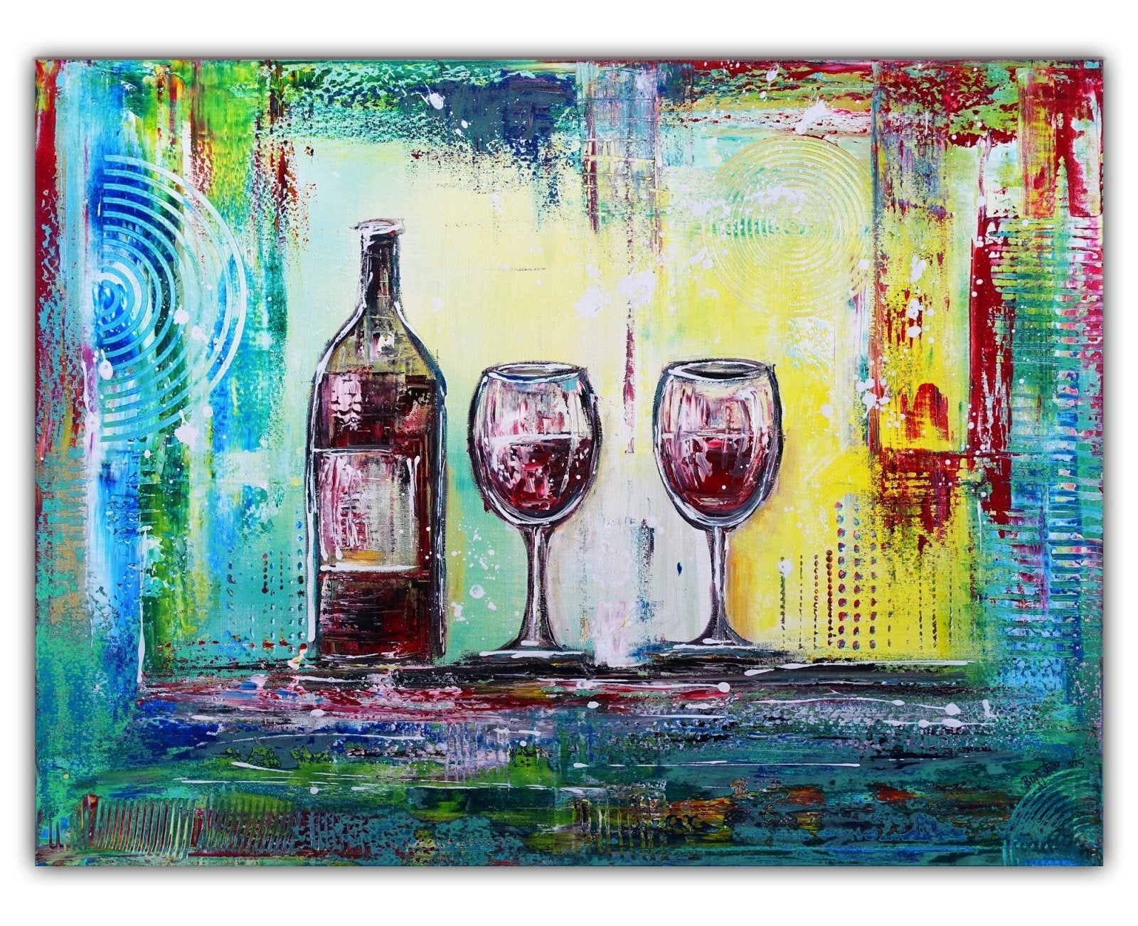Weingläser Gemälde Weinflasche Acrylbild handgemalt Kunst Malerei 90x70