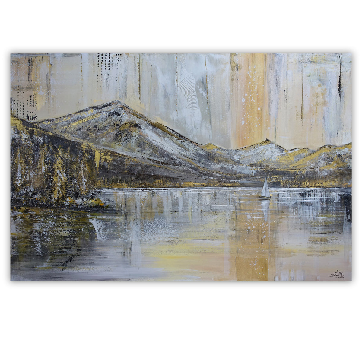 Goldener Bergsee - abstrakte Landschaftsmalerei Acrylgemälde, Wohnzimmerbild 150x100