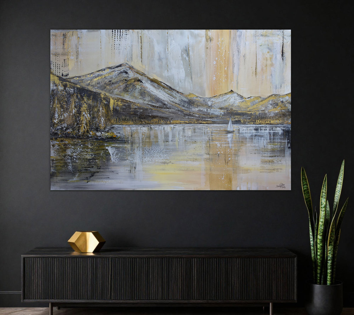 Goldener Bergsee - abstrakte Landschaftsmalerei Acrylgemälde
