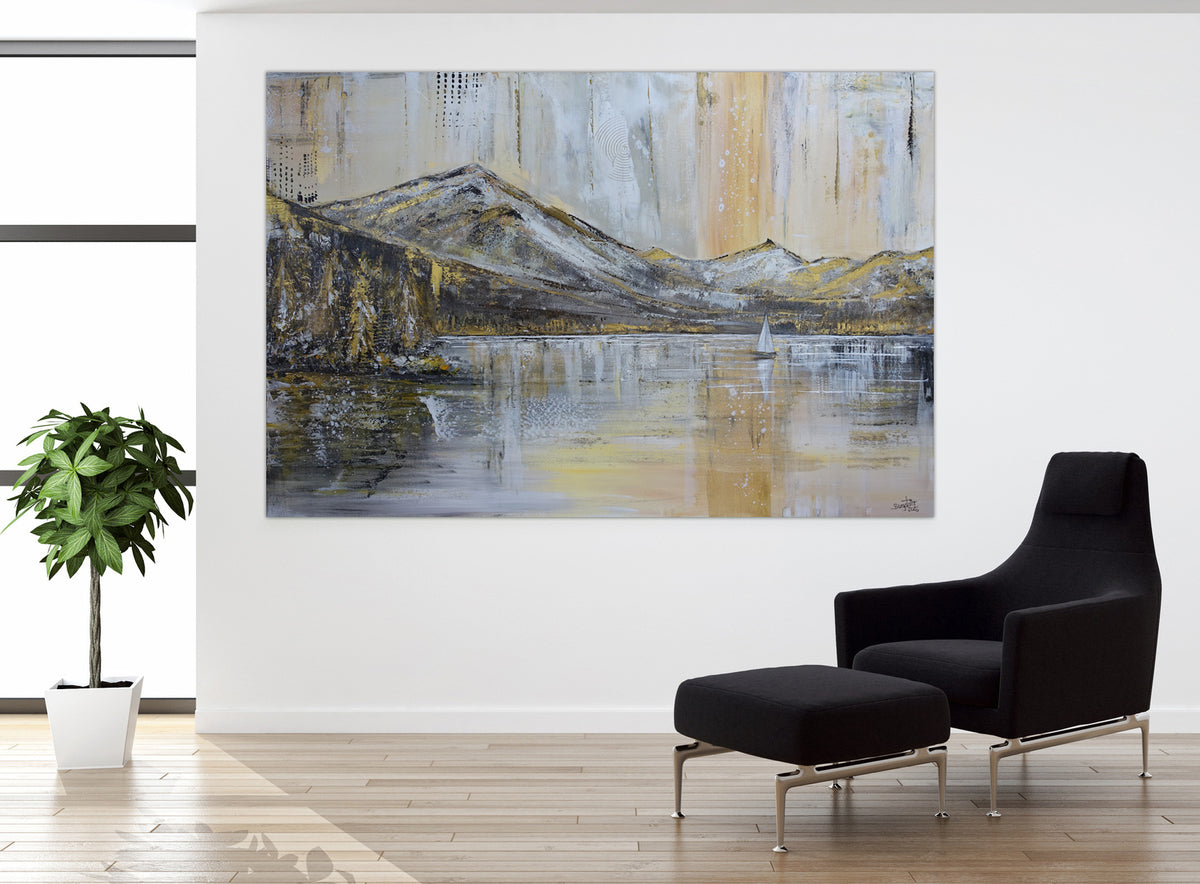 Bergsee - abstrakte Landschaftsmalerei Acrylgemälde, Wohnzimmerbild 150x100