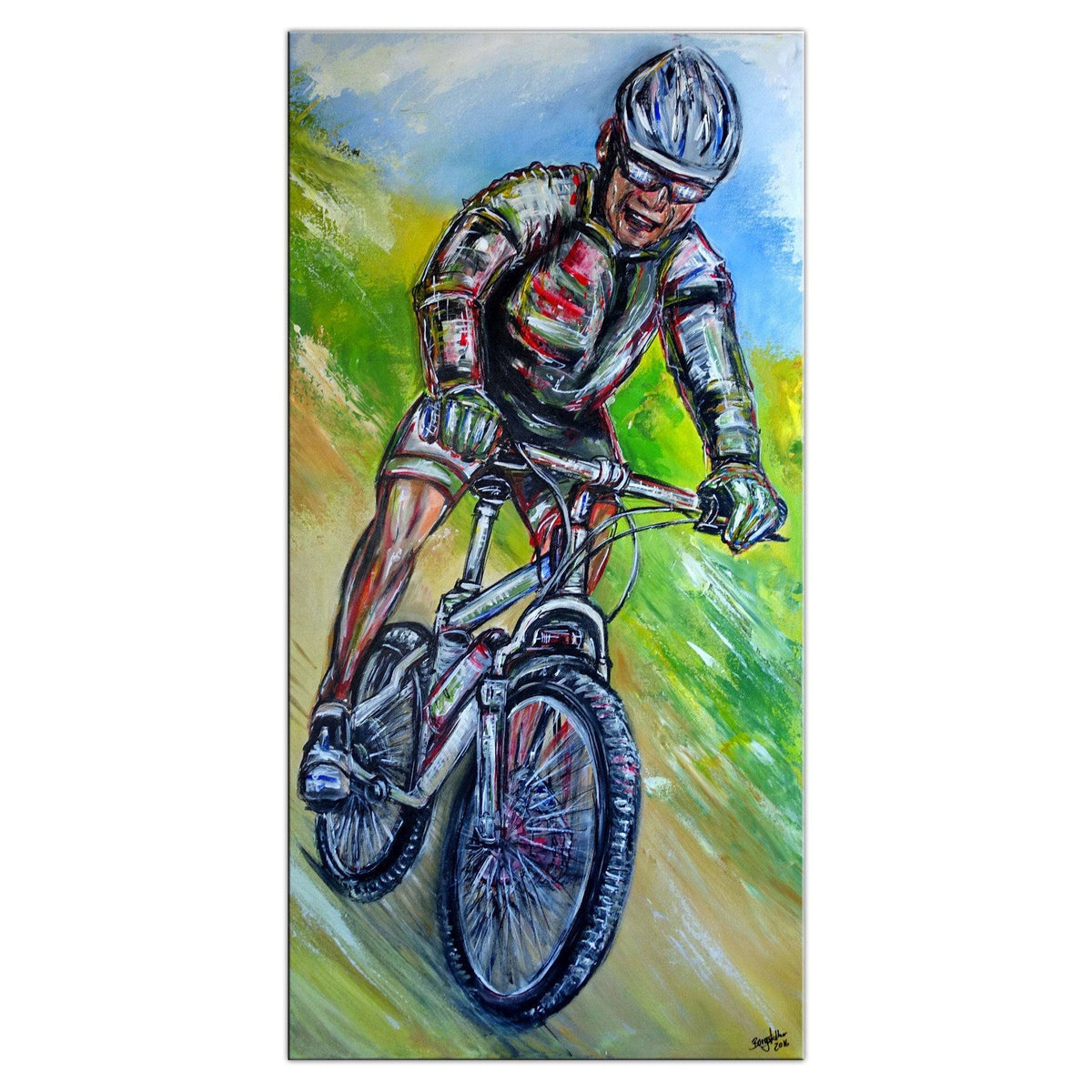 Mountainbiker Downhill: Wandbild Fahrradfahrer Sportgemälde