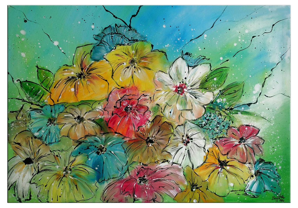 Bunte Blüten - handgemaltes Blumenbild, Florales Gemälde 100x80
