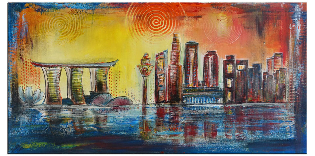 Singapur Skyline abstraktes Wandbild - Städte Malerei 120x60cm