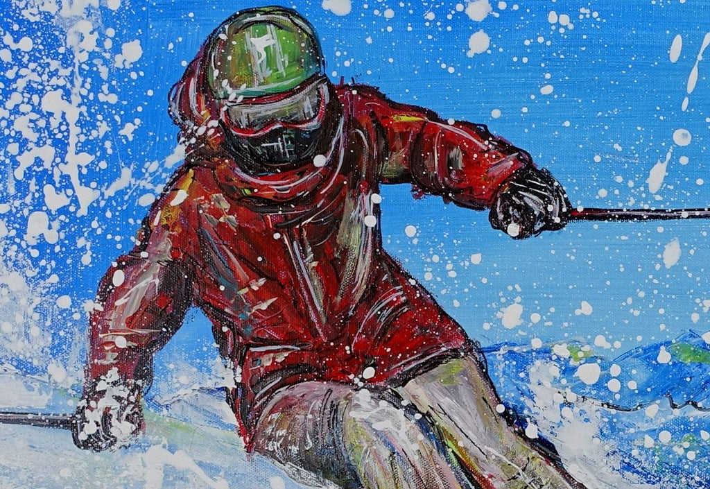 Tiefschneefahrer, Skiläufer, Gemälde, Malerei Sportbild