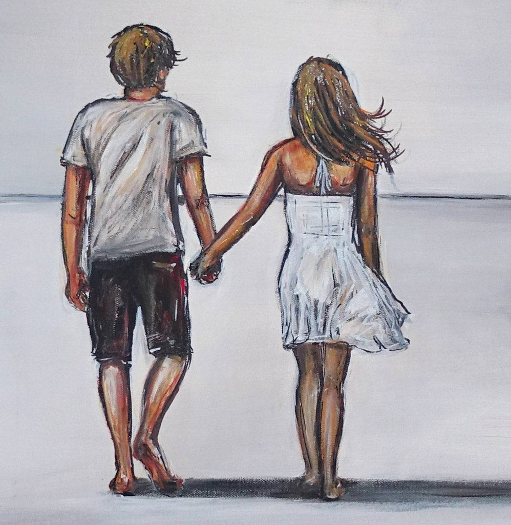 Mann und Frau am Strand - Liebespaar Gemälde grau